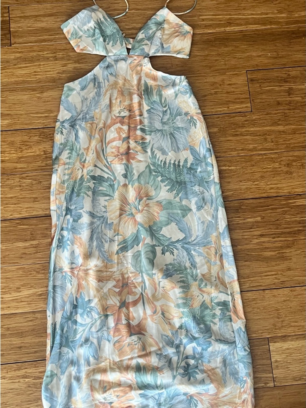 Floral Cutout Midi Dress in Pastel Blue & Peach